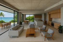 Interior moderno de una casa contemporánea con cocina abierta y sala integrada.