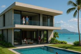 Casa contemporánea con piscina y jardines sostenibles.